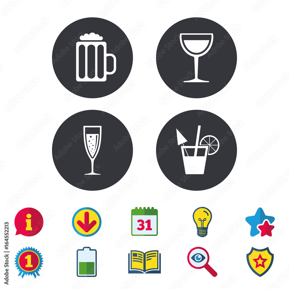 Alcoholic drinks icons. Champagne sparkling wine with bubbles and beer symbols. Wine glass and cocktail signs. Calendar, Information and Download signs. Stars, Award and Book icons. Vector Alcoholic drinks icons. Champagne sparkling wine with bubbles and beer symbols. Wine glass and cocktail signs. Calendar, Information and Download signs. Stars, Award and Book icons. Vector