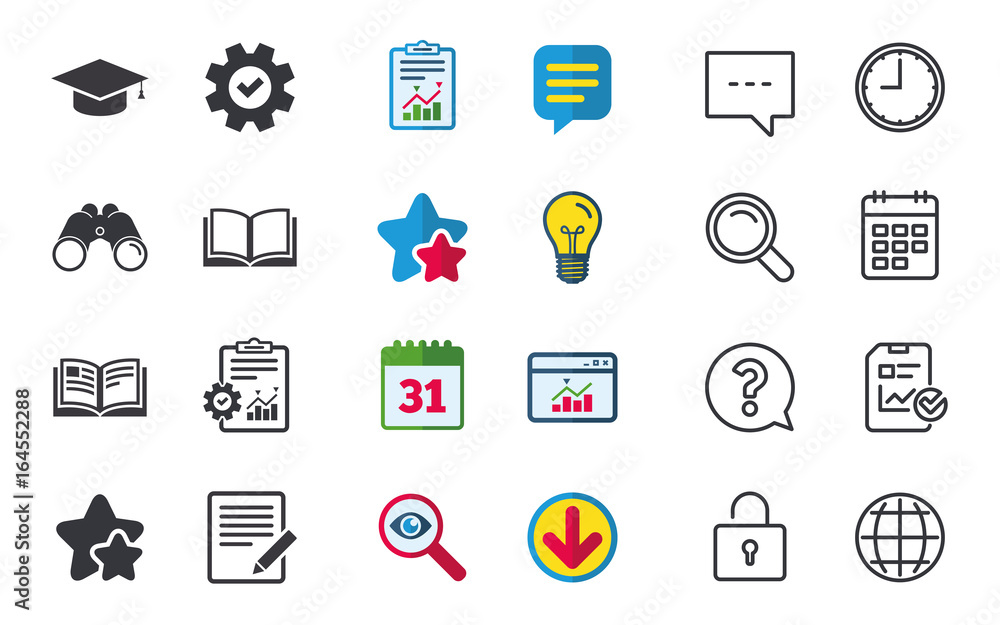 Pencil with document and open book icons. Graduation cap symbol. Higher education learn signs. Chat, Report and Calendar signs. Stars, Statistics and Download icons. Question, Clock and Globe. Vector Pencil with document and open book icons. Graduation cap symbol. Higher education learn signs. Chat, Report and Calendar signs. Stars, Statistics and Download icons. Question, Clock and Globe. Vector