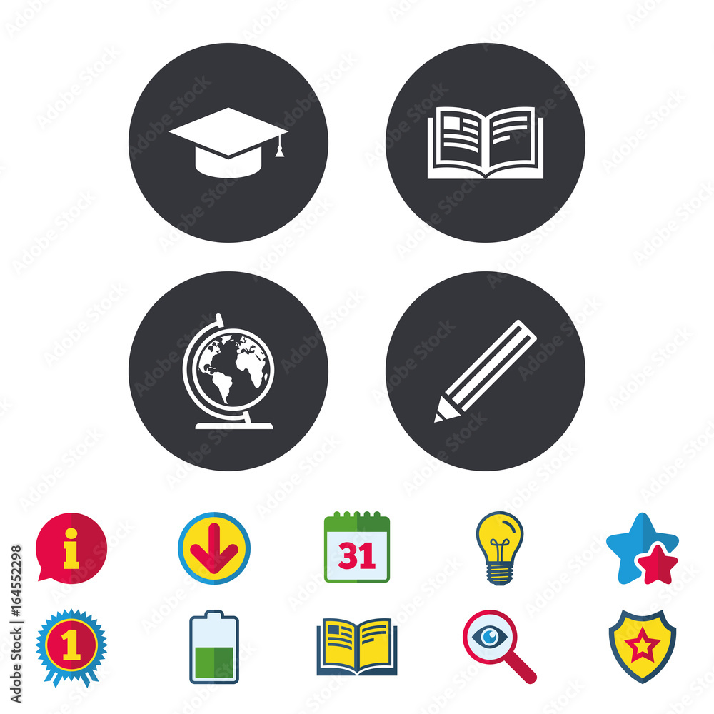 Pencil and open book icons. Graduation cap and geography globe symbols. Education learn signs. Calendar, Information and Download signs. Stars, Award and Book icons. Light bulb, Shield and Search