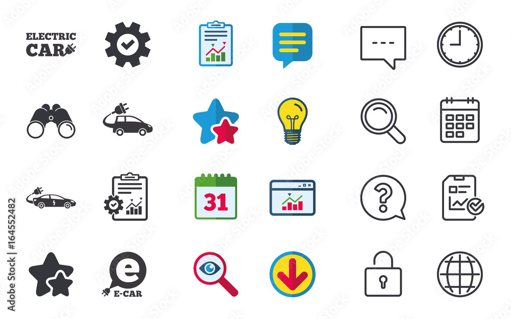 Electric car icons. Sedan and Hatchback transport symbols. Eco fuel vehicles signs. Chat, Report and Calendar signs. Stars, Statistics and Download icons. Question, Clock and Globe. Vector Electric car icons. Sedan and Hatchback transport symbols. Eco fuel vehicles signs. Chat, Report and Calendar signs. Stars, Statistics and Download icons. Question, Clock and Globe. Vector