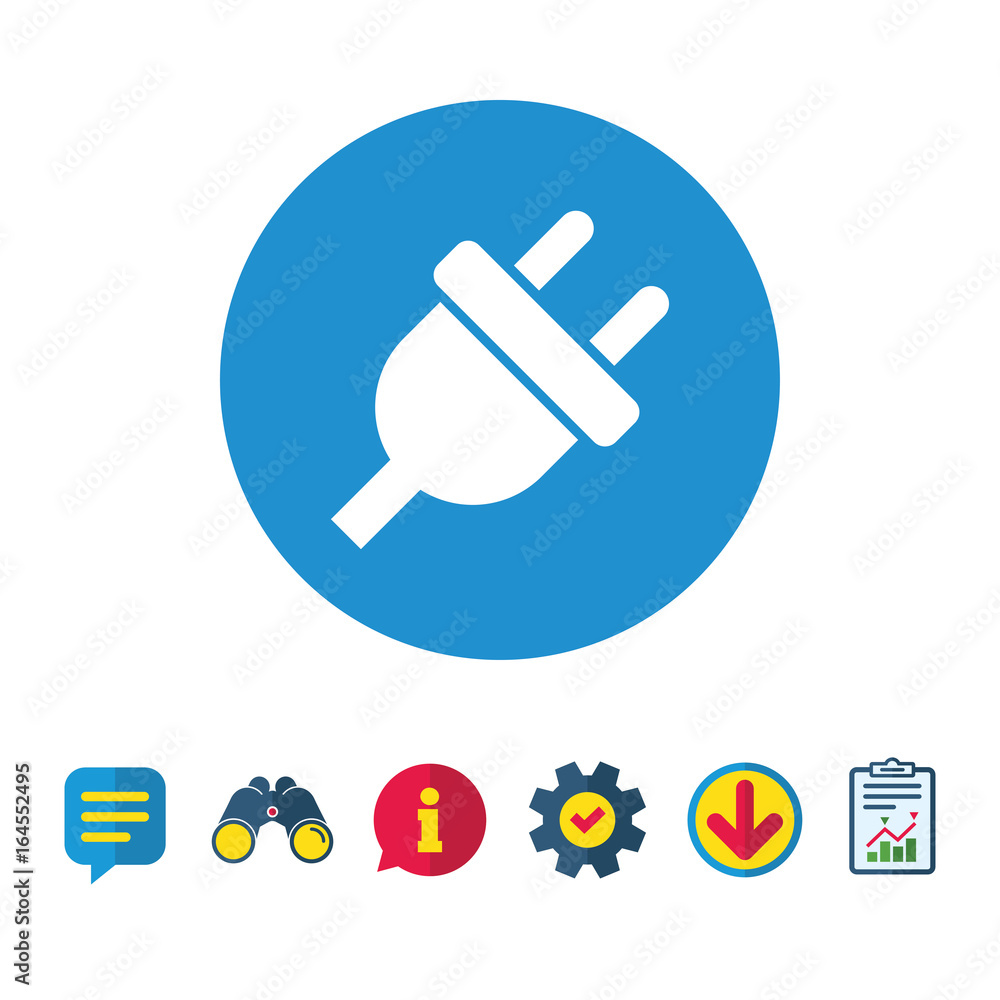 Electric plug sign icon. Power energy symbol. Information, Report and Speech bubble signs. Binoculars, Service and Download icons. Vector
