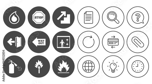Fire safety, emergency icons. Fire extinguisher, exit and stop signs. Elevator, water drop and match symbols. Document, Globe and Clock line signs. Lamp, Magnifier and Paper clip icons. Vector