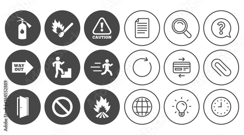 Fire safety, emergency icons. Fire extinguisher, exit and attention signs. Caution, water drop and way out symbols. Document, Globe and Clock line signs. Lamp, Magnifier and Paper clip icons. Vector
