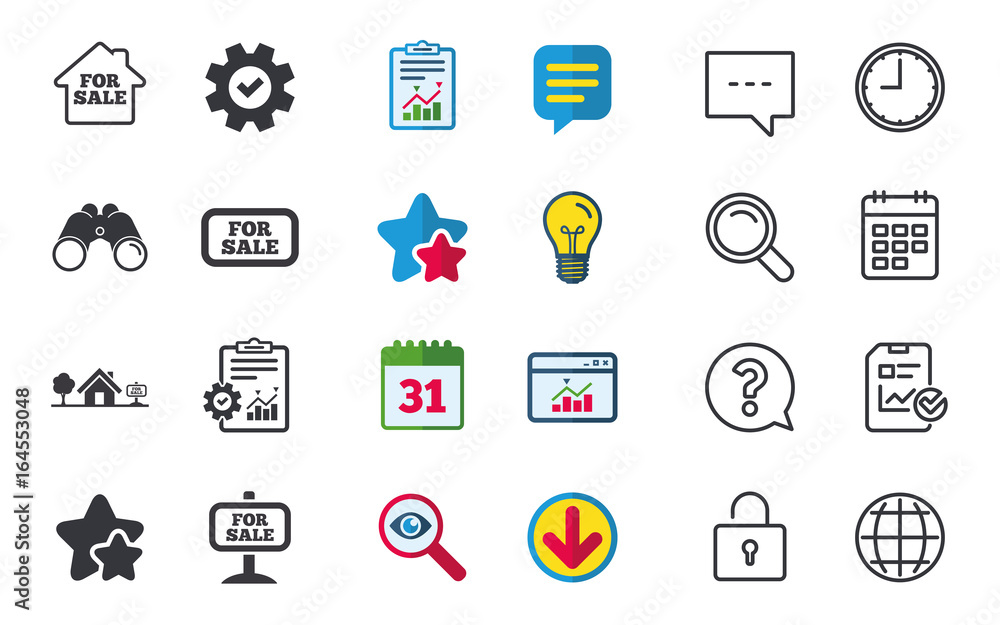 For sale icons. Real estate selling signs. Home house symbol. Chat, Report and Calendar signs. Stars, Statistics and Download icons. Question, Clock and Globe. Vector For sale icons. Real estate selling signs. Home house symbol. Chat, Report and Calendar signs. Stars, Statistics and Download icons. Question, Clock and Globe. Vector