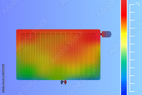 Steel panel radiator on the wall. Colored thermographic image of the scan camera. photo