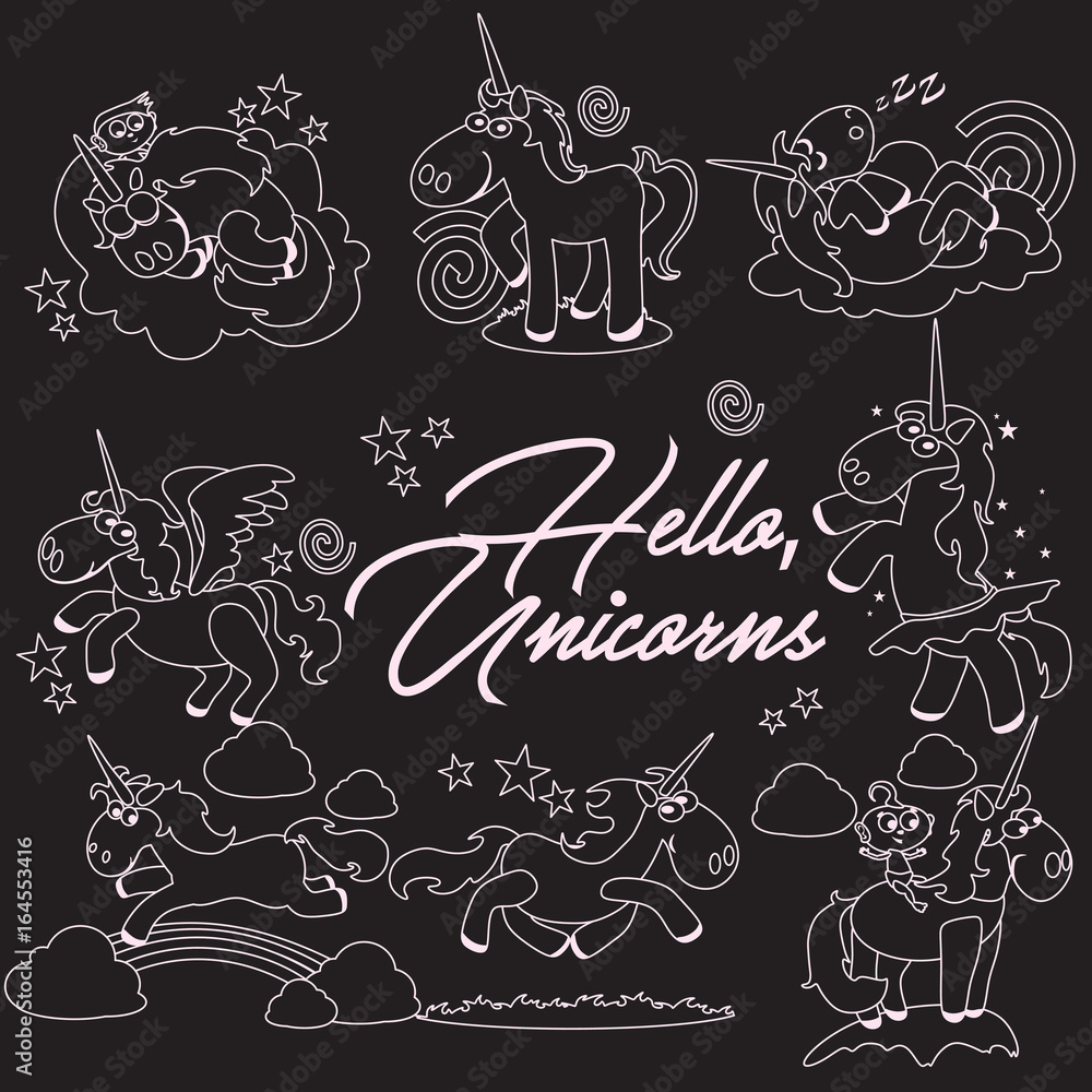 cute unicorn isolated line icon set, magic pegasus flying with wing and horn on rainbow, fantasy horse vector illustration, myth creature dreaming on dark background, greeting card template cute unicorn isolated line icon set, magic pegasus flying with wing and horn on rainbow, fantasy horse vector illustration, myth creature dreaming on dark background, greeting card template
