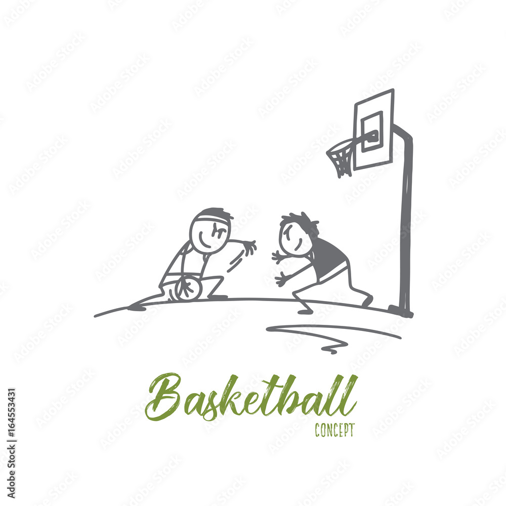 Basketball concept. Hand drawn people playing basketball. Two athlethes playing basketball outdoors isolated vector illustration.