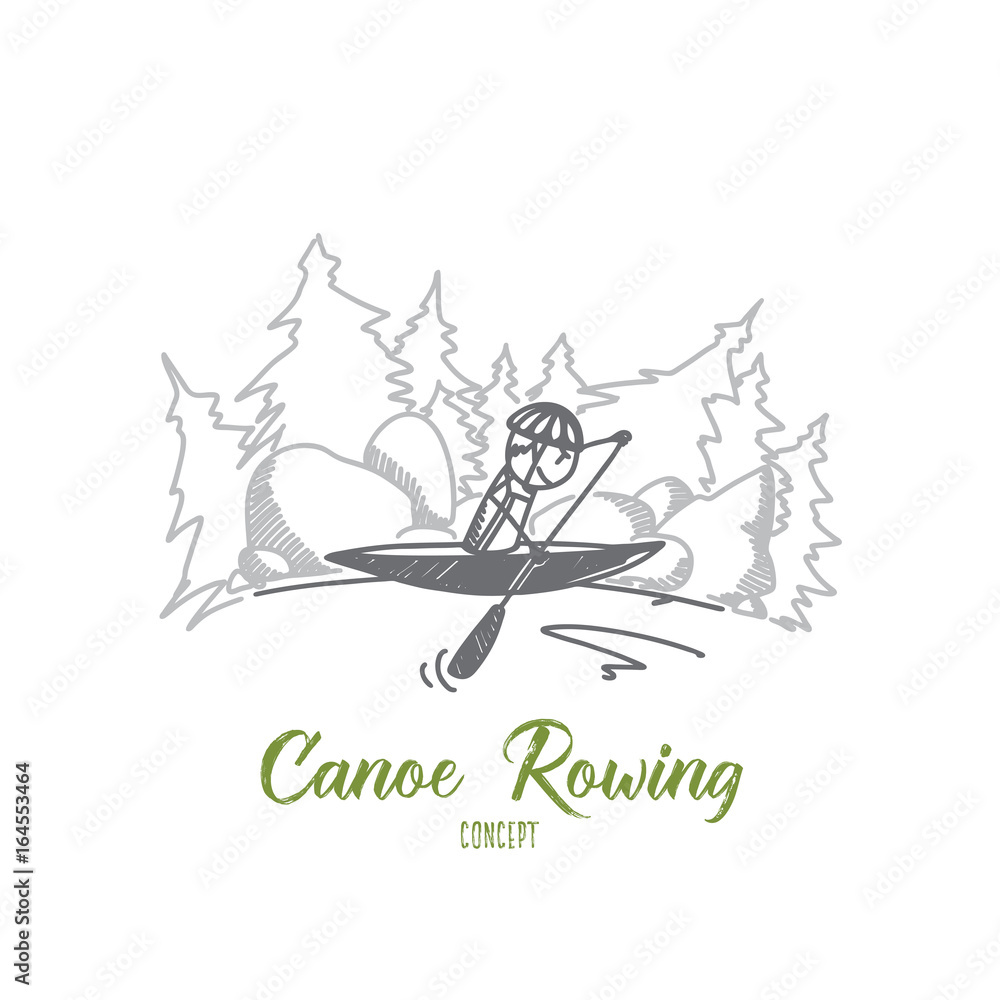 Canoe rowing concept. Hand drawn male athlete in a canoe rowing across lake. Sportsman in canoe isolated vector illustration. Canoe rowing concept. Hand drawn male athlete in a canoe rowing across lake. Sportsman in canoe isolated vector illustration.