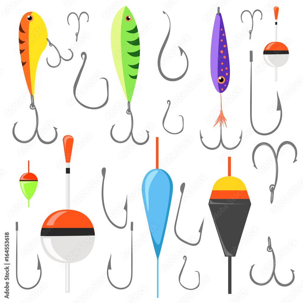 Fishing bait. Fish lure with hook flat icons isolated on white background. Vector illustration Web site page and mobile app design vector element. Fishing bait. Fish lure with hook flat icons isolated on white background. Vector illustration Web site page and mobile app design vector element.