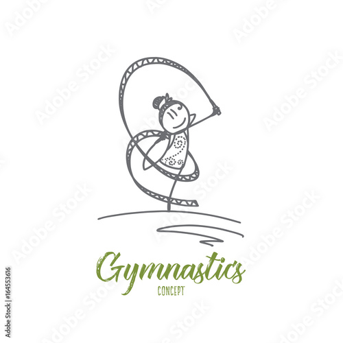 Gymnastics concept. Hand drawn young girl doing gymnastics with ribbon. Happy female athlete doing gymnast exercises isolated vector illustration.