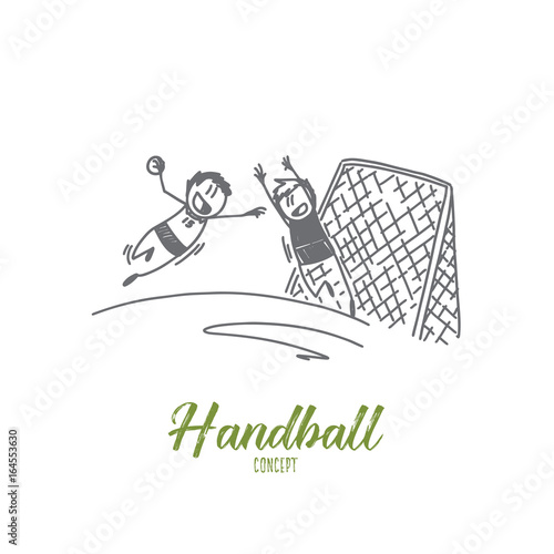 Handball concept. Hand drawn handball match scene with goalpost and players. Game with ball isolated vector illustration.