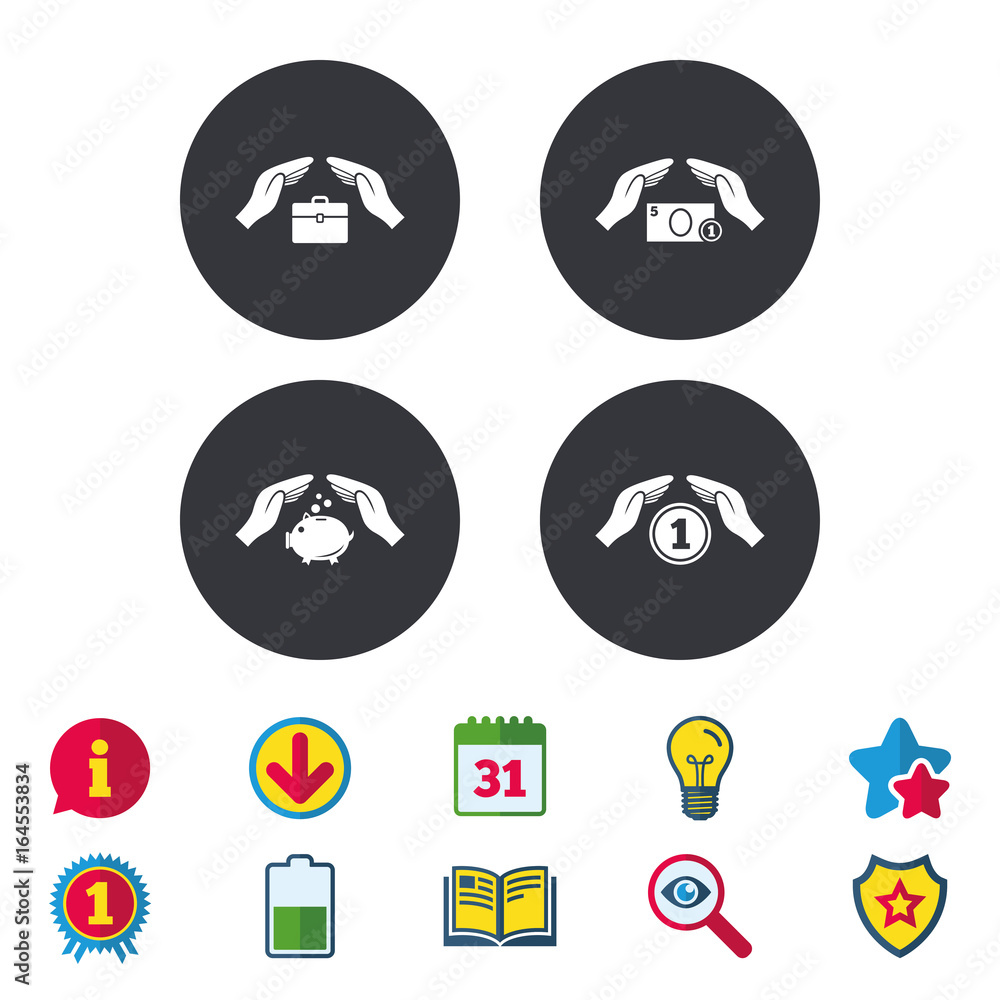 Hands insurance icons. Piggy bank moneybox symbol. Money savings insurance signs. Travel luggage and cash coin symbols. Calendar, Information and Download signs. Stars, Award and Book icons. Vector
