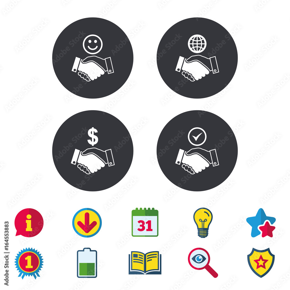 Handshake icons. World, Smile happy face and house building symbol. Dollar cash money. Amicable agreement. Calendar, Information and Download signs. Stars, Award and Book icons. Vector