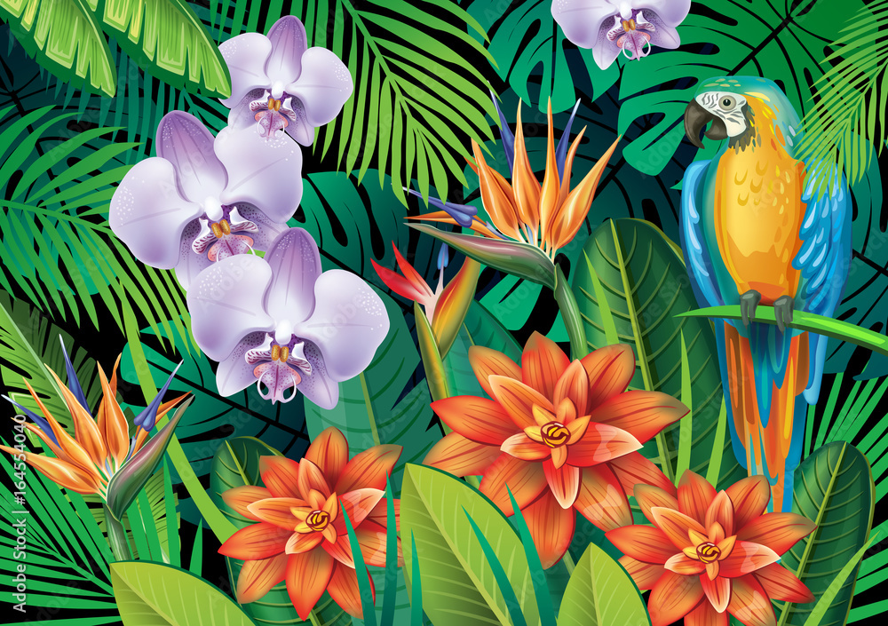 Background with exotic tropical flowers