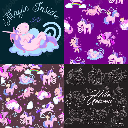 cute unicorn seamless pattern, magic pegasus flying with wing and horn on rainbow, fantasy horse vector illustration, myth creature dreaming background.