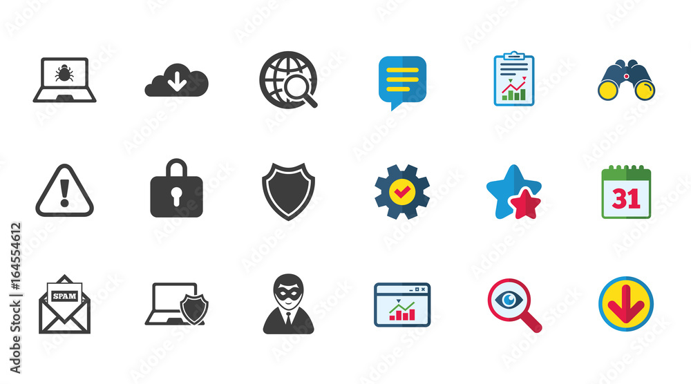 Internet privacy icons. Cyber crime signs. Virus, spam e-mail and anonymous user symbols. Calendar, Report and Download signs. Stars, Service and Search icons. Statistics, Binoculars and Chat. Vector