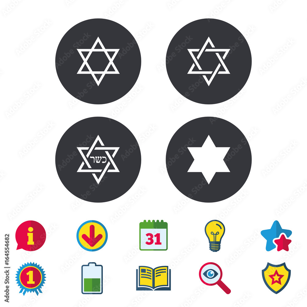 Star of David sign icons. Symbol of Israel. Calendar, Information and Download signs. Stars, Award and Book icons. Light bulb, Shield and Search. Vector Star of David sign icons. Symbol of Israel. Calendar, Information and Download signs. Stars, Award and Book icons. Light bulb, Shield and Search. Vector