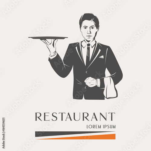 Waiter holds a tray isolated, vector vintage illustration of waiter. Retro poster butler with tray.