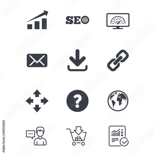 Internet, seo icons. Bandwidth speed, download arrow and mail signs. Hyperlink, monitoring symbols. Customer service, Shopping cart and Report line signs. Online shopping and Statistics. Vector