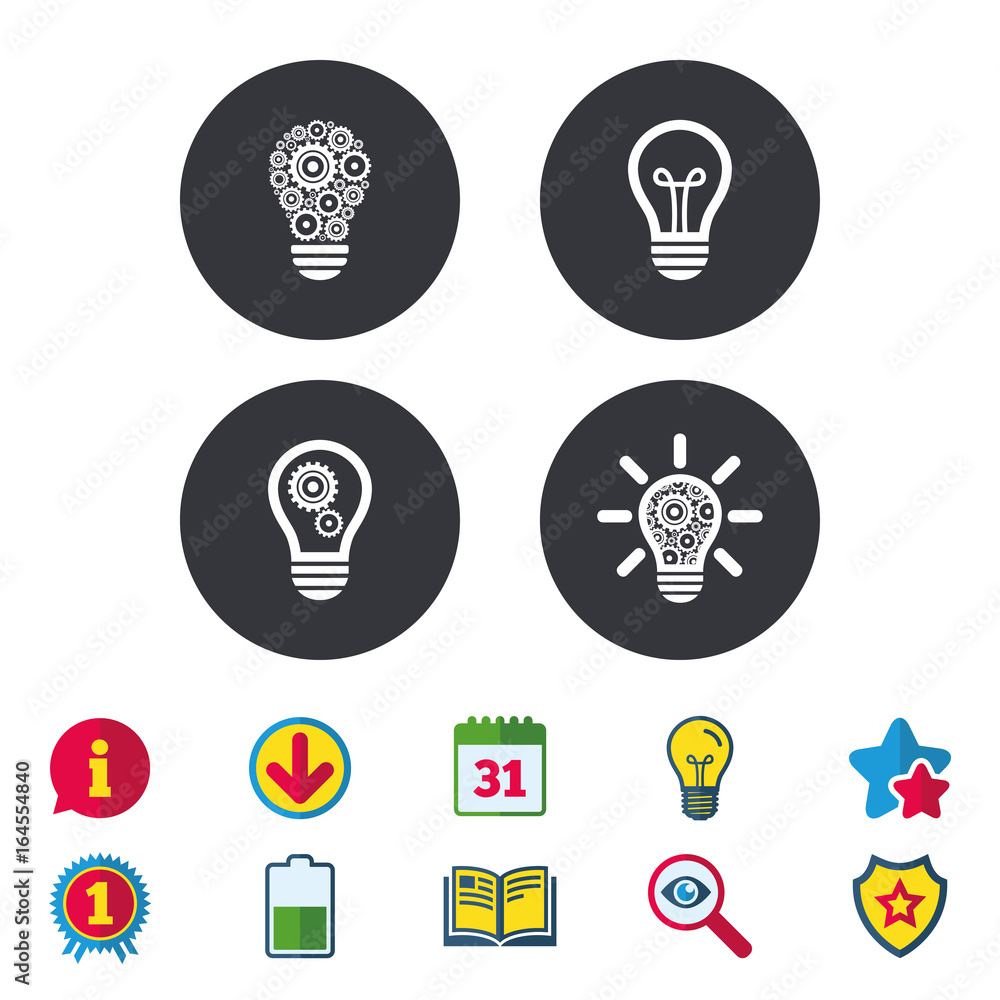 Light lamp icons. Lamp bulb with cogwheel gear symbols. Idea and success sign. Calendar, Information and Download signs. Stars, Award and Book icons. Light bulb, Shield and Search. Vector Light lamp icons. Lamp bulb with cogwheel gear symbols. Idea and success sign. Calendar, Information and Download signs. Stars, Award and Book icons. Light bulb, Shield and Search. Vector