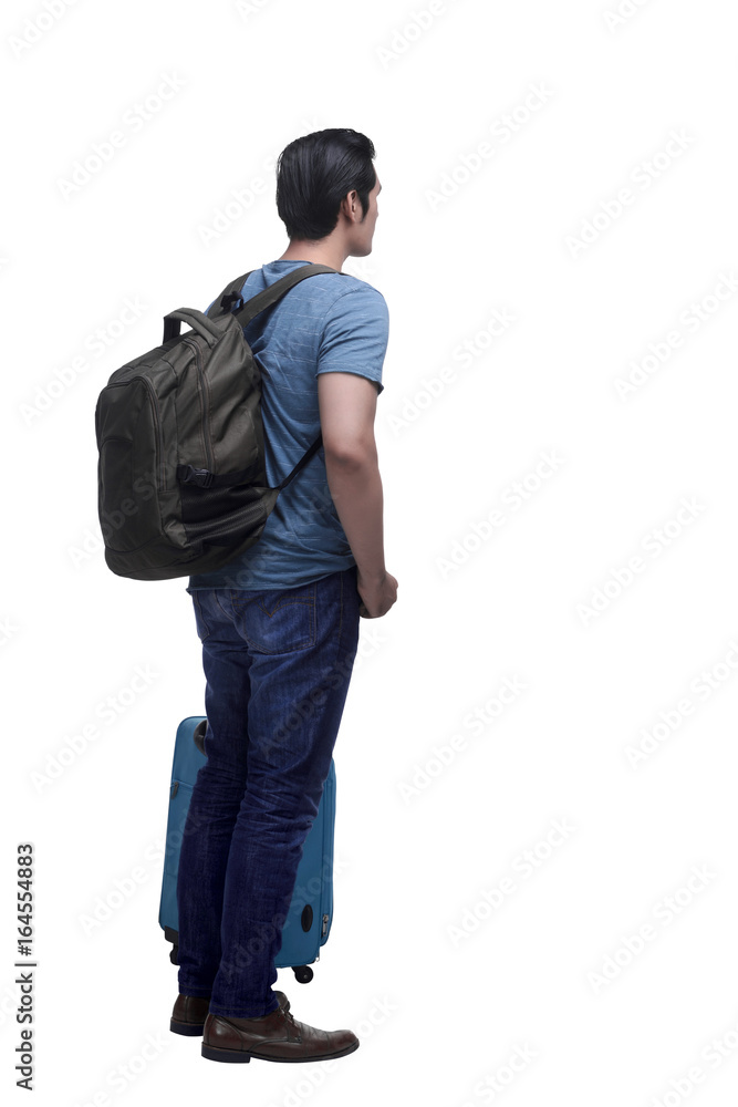 Naklejka premium Back view asian tourist is standing carrying backpack