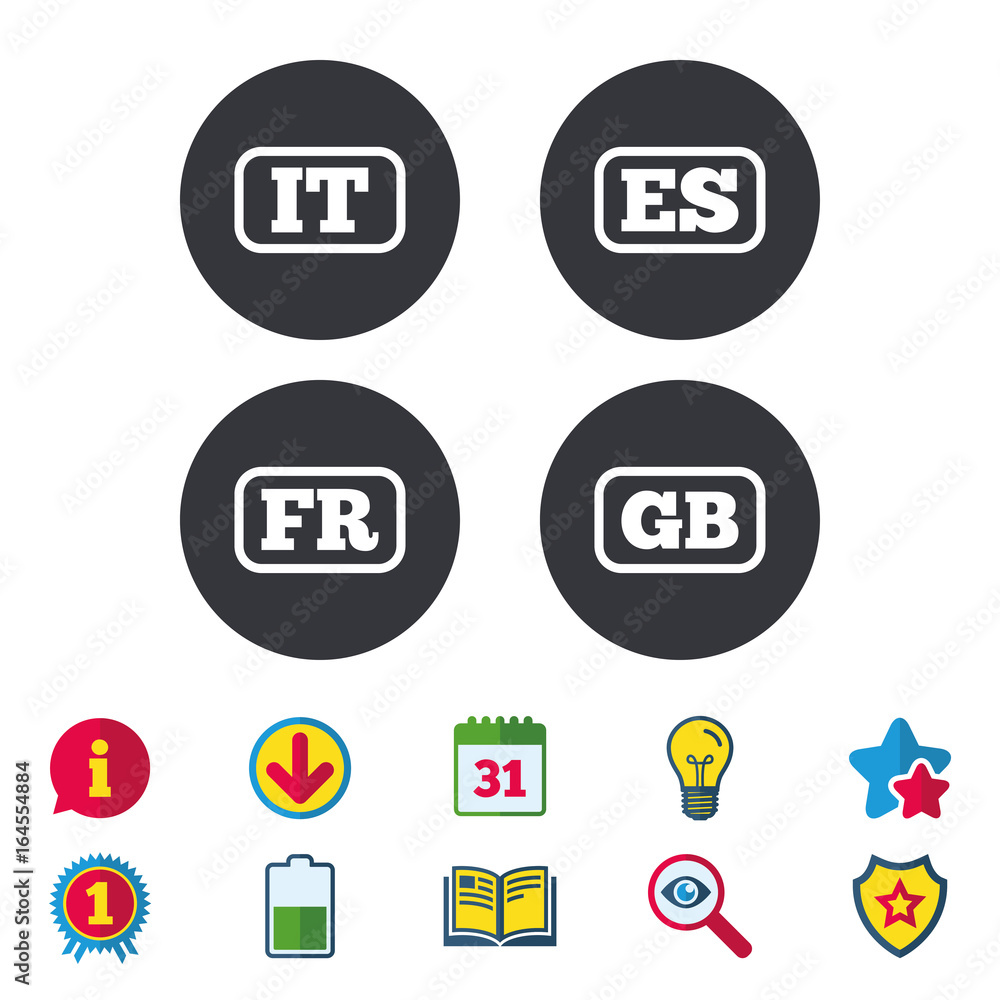 Language icons. IT, ES, FR and GB translation symbols. Italy, Spain, France and England languages. Calendar, Information and Download signs. Stars, Award and Book icons. Light bulb, Shield and Search Language icons. IT, ES, FR and GB translation symbols. Italy, Spain, France and England languages. Calendar, Information and Download signs. Stars, Award and Book icons. Light bulb, Shield and Search