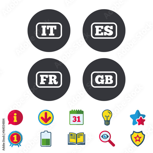 Language icons. IT, ES, FR and GB translation symbols. Italy, Spain, France and England languages. Calendar, Information and Download signs. Stars, Award and Book icons. Light bulb, Shield and Search