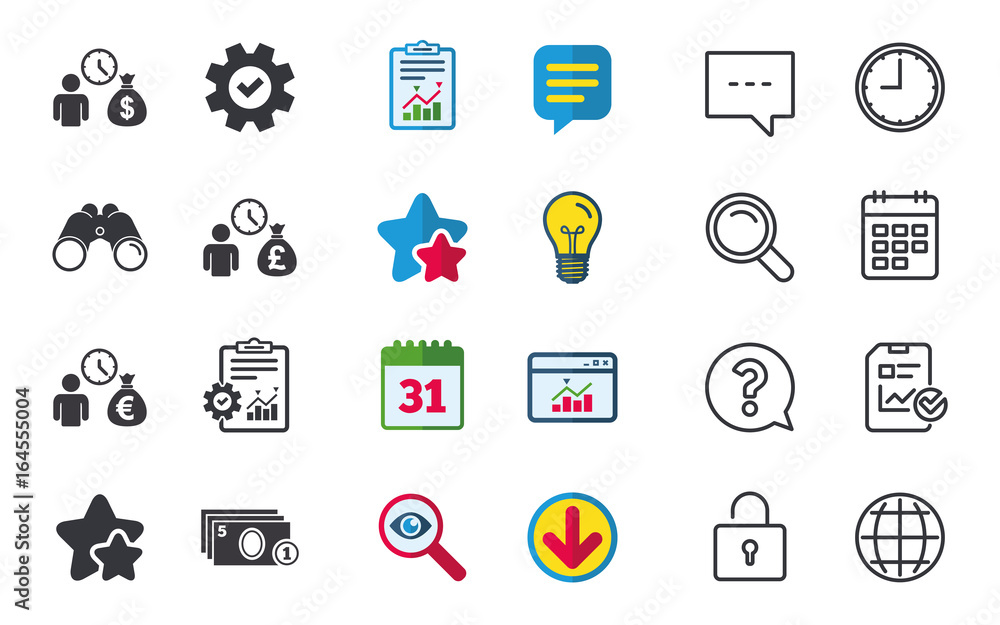 Bank loans icons. Cash money bag symbols. Borrow money sign. Get Dollar money fast. Chat, Report and Calendar signs. Stars, Statistics and Download icons. Question, Clock and Globe. Vector