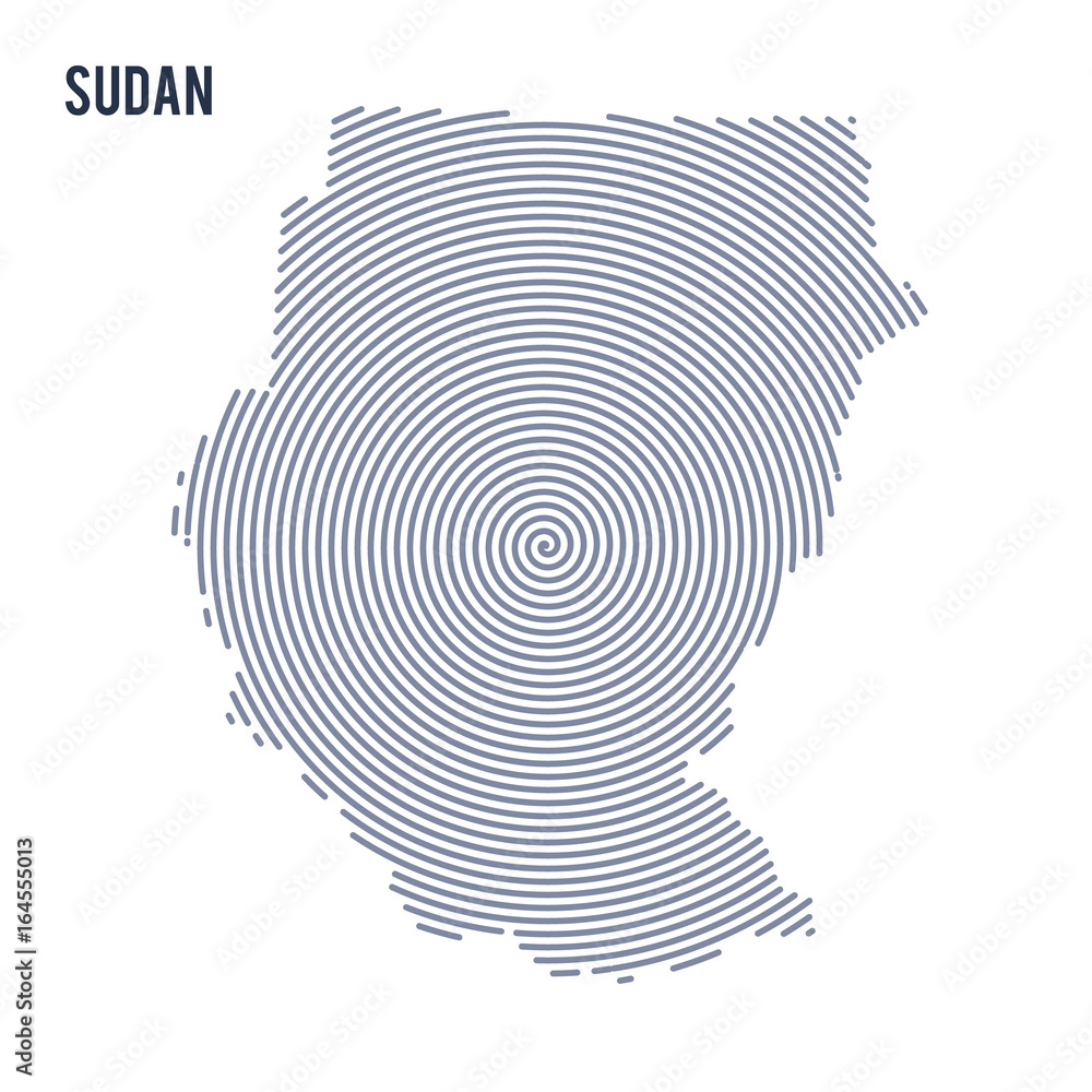 Vector abstract hatched map of Sudan with spiral lines isolated on a white background.
