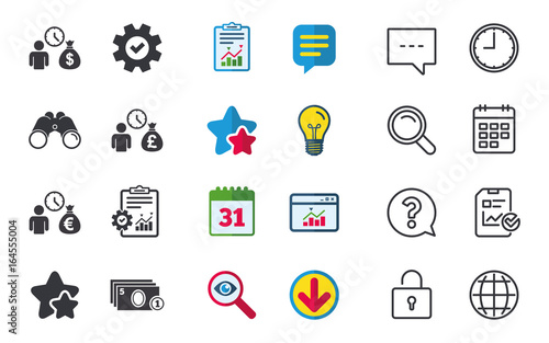 Bank loans icons. Cash money bag symbols. Borrow money sign. Get Dollar money fast. Chat, Report and Calendar signs. Stars, Statistics and Download icons. Question, Clock and Globe. Vector