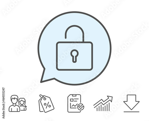 Lock line icon. Private locker sign. Password encryption symbol. Report, Sale Coupons and Chart line signs. Download, Group icons. Editable stroke. Vector