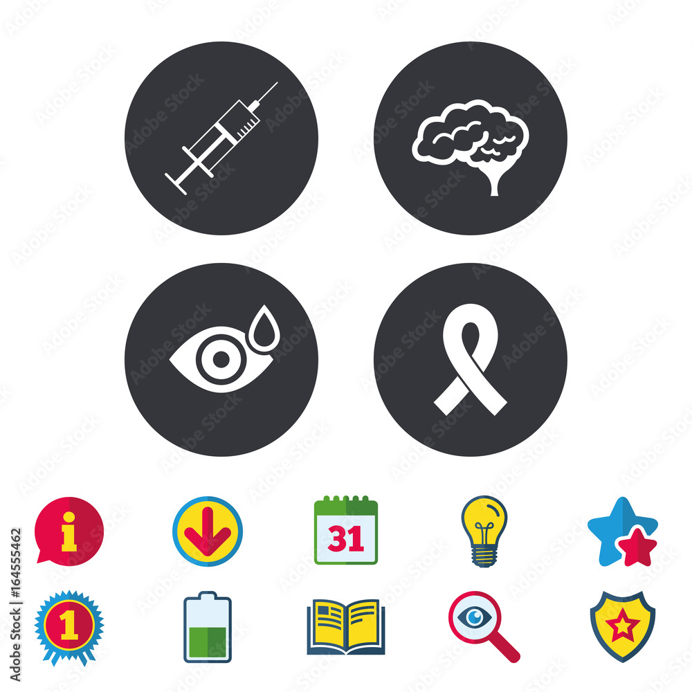Medicine icons. Syringe, eye with drop, brain and ribbon signs. Breast cancer awareness symbol. Human smart mind. Calendar, Information and Download signs. Stars, Award and Book icons. Vector