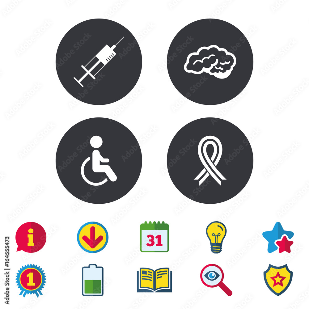 Medicine icons. Syringe, disabled, brain and ribbon signs. Breast cancer awareness symbol. Handicapped invalid. Calendar, Information and Download signs. Stars, Award and Book icons. Vector