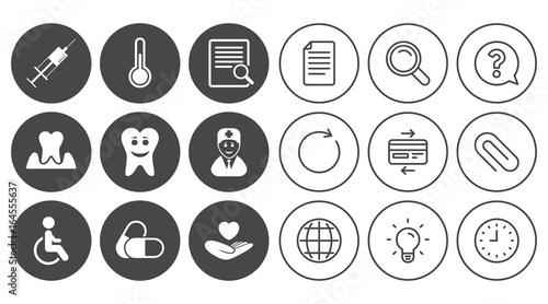 Medicine, medical health and diagnosis icons. Capsules, syringe and doctor signs. Tooth parodontosis, disabled person symbols. Document, Globe and Clock line signs. Vector