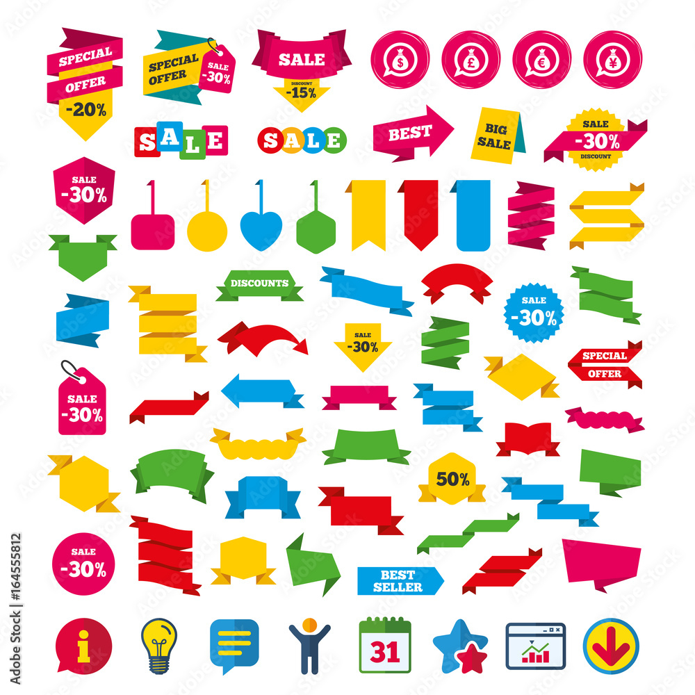 Money bag icons. Dollar, Euro, Pound and Yen speech bubbles symbols. USD, EUR, GBP and JPY currency signs. Shopping tags, banners and coupons signs. Calendar, Information and Download icons. Vector