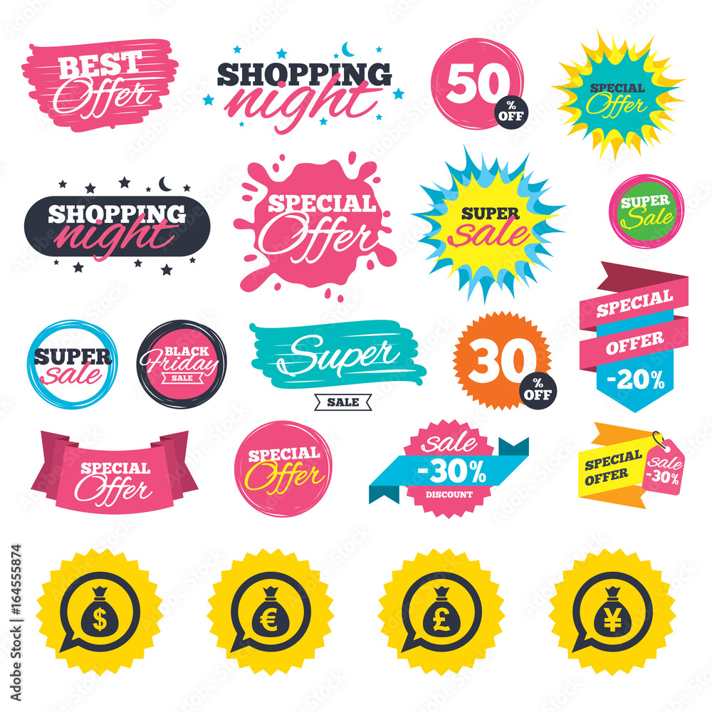 Sale shopping banners. Money bag icons. Dollar, Euro, Pound and Yen speech bubbles symbols. USD, EUR, GBP and JPY currency signs. Web badges, splash and stickers. Best offer. Vector