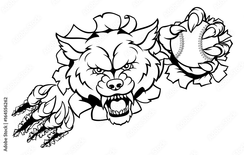 Fototapeta premium Wolf Baseball Mascot Breaking Background