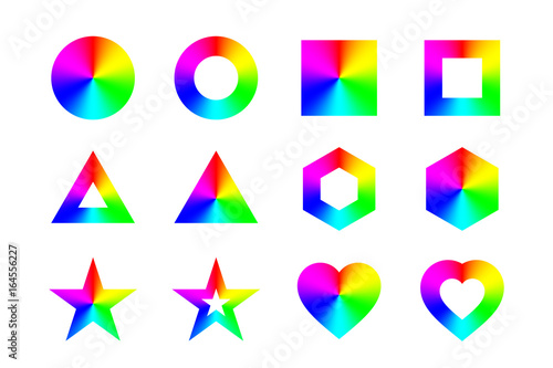 Geometric shapes and frames with conical rainbow gradient, isolated on white background. Vector