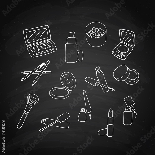 Set of makeup cosmetics products, white sketch on black chalkboard. Vector