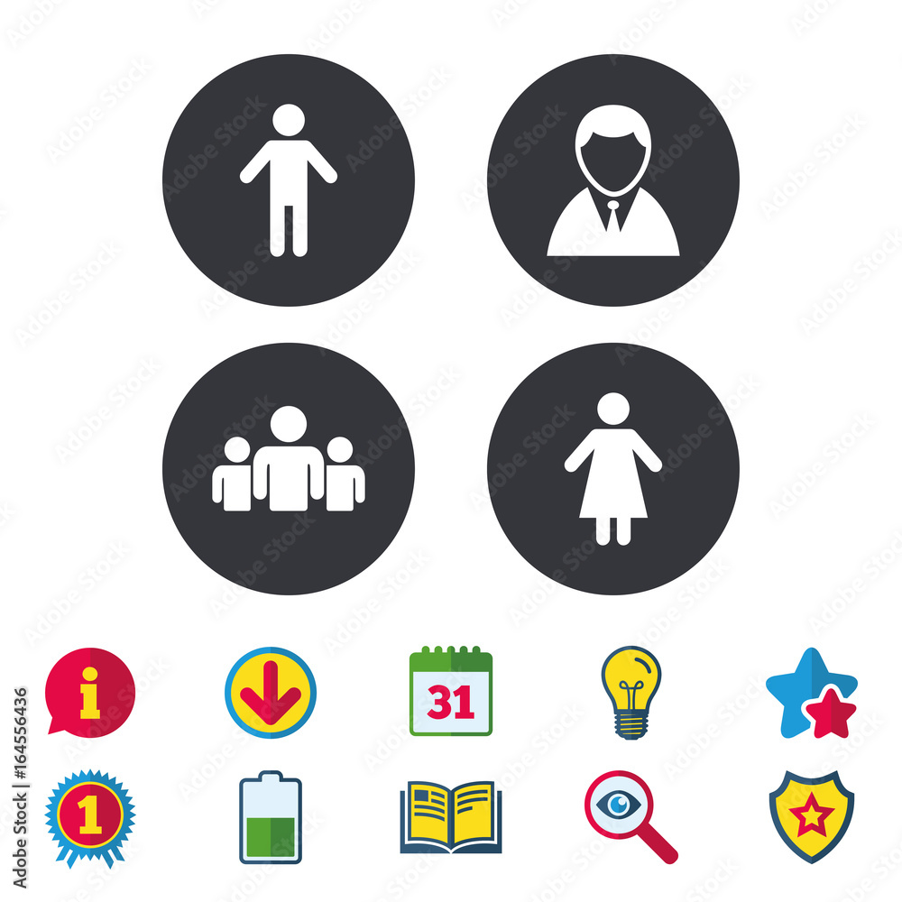 Businessman person icon. Group of people symbol. Man and Woman signs. Calendar, Information and Download signs. Stars, Award and Book icons. Light bulb, Shield and Search. Vector Businessman person icon. Group of people symbol. Man and Woman signs. Calendar, Information and Download signs. Stars, Award and Book icons. Light bulb, Shield and Search. Vector
