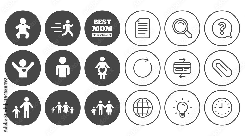 People, family icons. Maternity, person and baby signs. Best mom, father and mother symbols. Document, Globe and Clock line signs. Lamp, Magnifier and Paper clip icons. Vector People, family icons. Maternity, person and baby signs. Best mom, father and mother symbols. Document, Globe and Clock line signs. Lamp, Magnifier and Paper clip icons. Vector