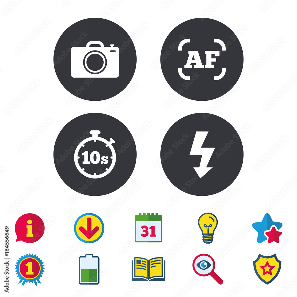 Photo camera icon. Flash light and autofocus AF symbols. Stopwatch timer 10 seconds sign. Calendar, Information and Download signs. Stars, Award and Book icons. Light bulb, Shield and Search. Vector Photo camera icon. Flash light and autofocus AF symbols. Stopwatch timer 10 seconds sign. Calendar, Information and Download signs. Stars, Award and Book icons. Light bulb, Shield and Search. Vector