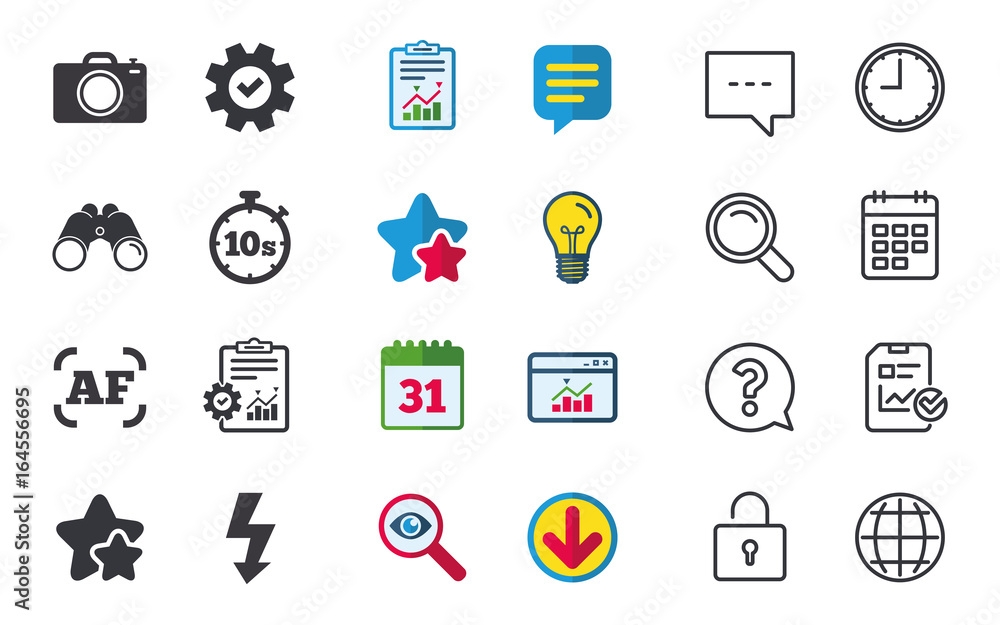 Photo camera icon. Flash light and autofocus AF symbols. Stopwatch timer 10 seconds sign. Chat, Report and Calendar signs. Stars, Statistics and Download icons. Question, Clock and Globe. Vector Photo camera icon. Flash light and autofocus AF symbols. Stopwatch timer 10 seconds sign. Chat, Report and Calendar signs. Stars, Statistics and Download icons. Question, Clock and Globe. Vector