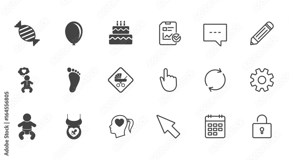 Pregnancy, maternity and baby care icons. Candy, strollers and pacifier signs. Footprint, birthday cake and heart symbols. Chat, Report and Calendar line signs. Service, Pencil and Locker icons Pregnancy, maternity and baby care icons. Candy, strollers and pacifier signs. Footprint, birthday cake and heart symbols. Chat, Report and Calendar line signs. Service, Pencil and Locker icons