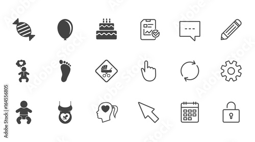 Pregnancy, maternity and baby care icons. Candy, strollers and pacifier signs. Footprint, birthday cake and heart symbols. Chat, Report and Calendar line signs. Service, Pencil and Locker icons