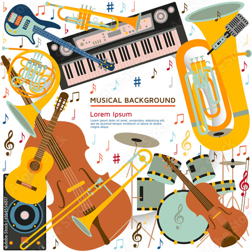 Musical background made of different musical instruments, treble clef and notes. Text place. Colorful vector illustration.