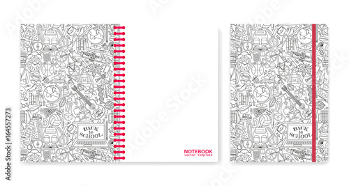 Cover design for notebooks or scrapbooks with school patterns. Vector illustration.