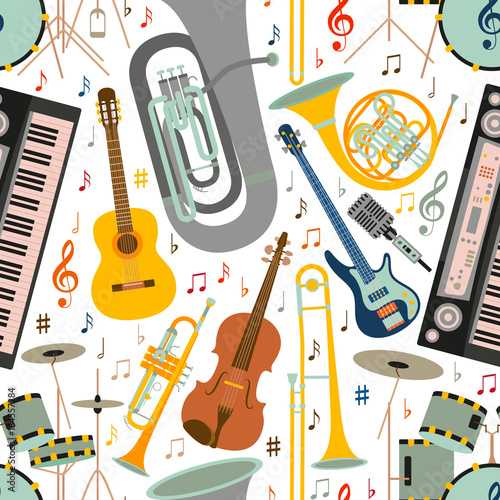 Musical seamless pattern made of different musical instruments, treble clef and notes. Colorful vector illustration.