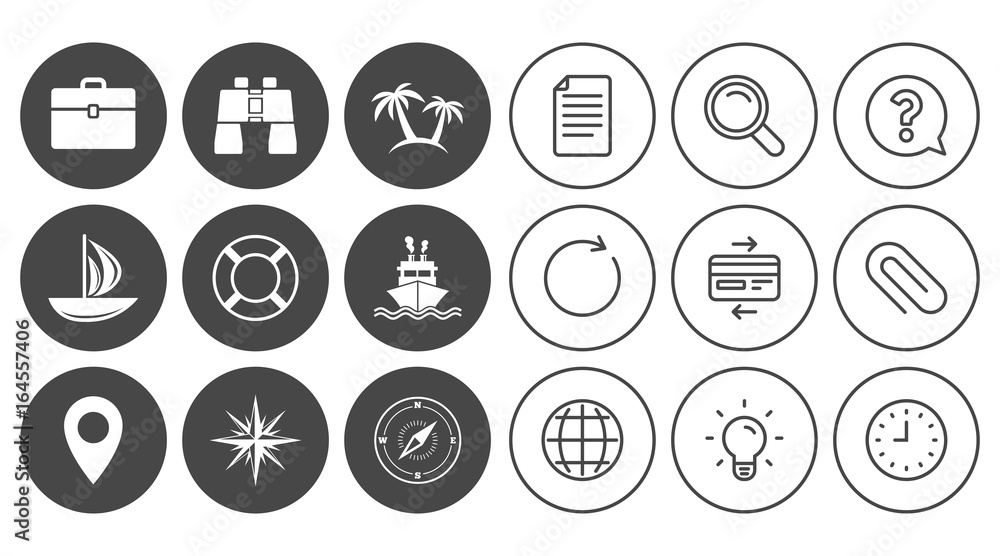 Cruise trip, ship and yacht icons. Travel, cocktails and palm trees signs. Sunglasses, windrose and swimming symbols. Document, Globe and Clock line signs. Lamp, Magnifier and Paper clip icons Cruise trip, ship and yacht icons. Travel, cocktails and palm trees signs. Sunglasses, windrose and swimming symbols. Document, Globe and Clock line signs. Lamp, Magnifier and Paper clip icons