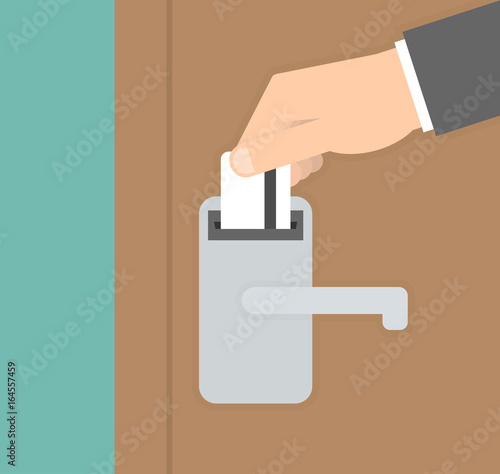 Opening hotel door concept. Hand inserting or putting key card in the lock